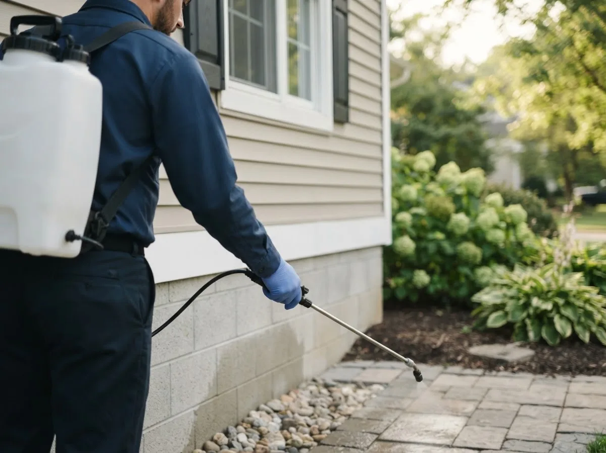 Pest control technician inspecting a home in Middleport, NY